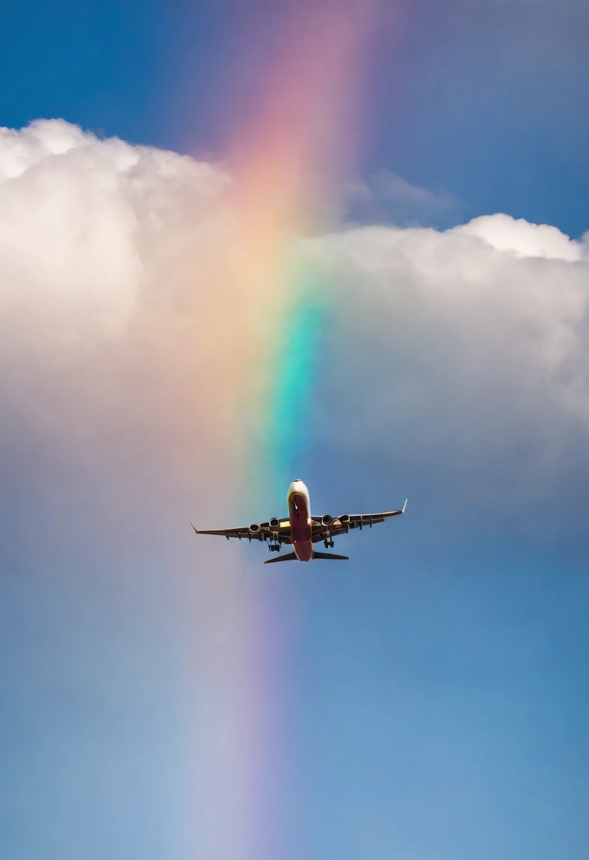 Close-up portrait of an airplane flying in the sky with clear iridescent clouds, Amazing skies, Amazing skies, Stunning rainbow colors, Vivid iridescent colors, A very colorful heaven, Amazing reflections of the sky, Colorful clouds, Colorful iridescent co...