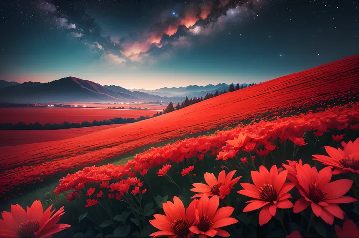 A bright night,sky filled with stars,red flowers field, landscape, ultra realistic 8k quality,