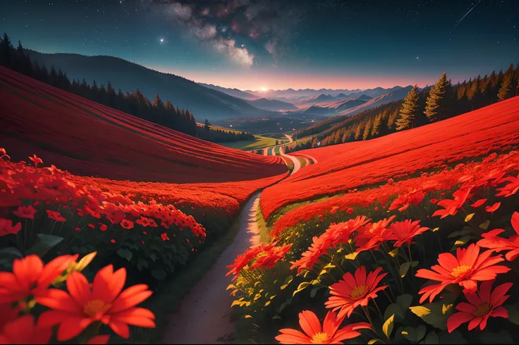 A bright night,sky filled with stars,red flowers field, landscape, ultra realistic 8k quality,