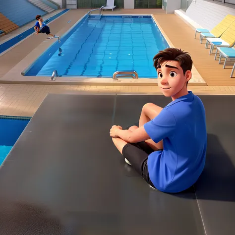 A teenager who faces swimming a high place watching a swimming pool in front of him or teenager is amazed