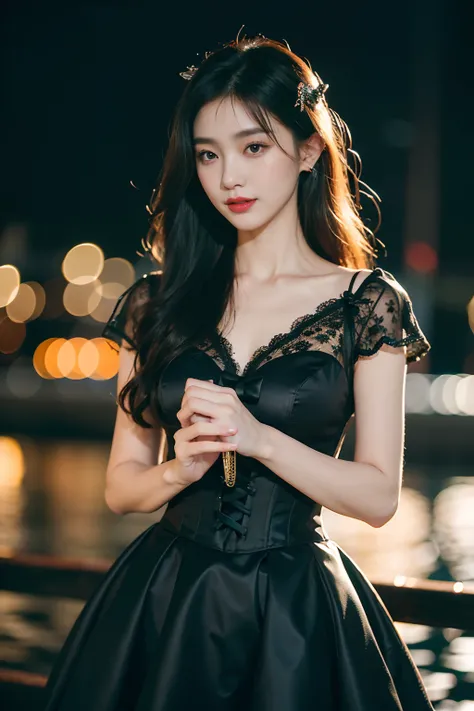 Close-up of a woman in a black dress, holding a purse, White lace trim, Played by Yang J, Korean fashion model, Black lace, elegant corset, Lace dress, ulzzangs, Lace by Ni Tian, Lace bow, Exudes sexiness (8x), Come to the creek, Dreamy, Ethereal, Dark, Sm...