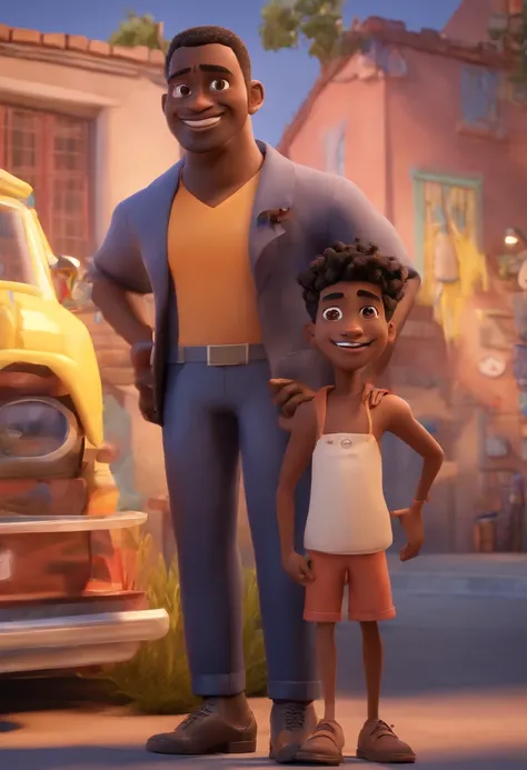 Estilo Pixar: The black-skinned adult man is holding a naked black boy with brown eyes and in his other hand he is holding a pair of scissors and is trying to cut off the boys testicles,3D Poster,Disney