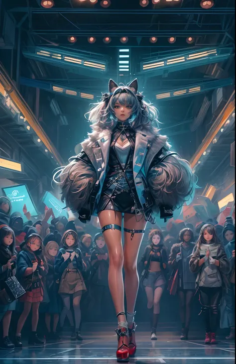 Masterpiece, top-quality, concept art, centered, wide shot, A state-of-the-art street fashion show with a glittering stage, android fashion girl, avant-garde fashion outfit, furry people cheering as audience, (dystopian setting), (epic composition, epic pr...