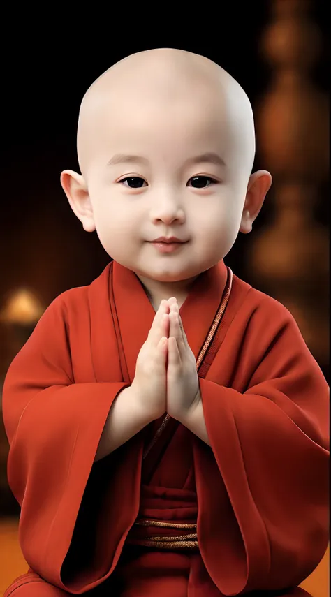 an alafid baby in a red robe is sitting in prayer, lovely digital painting, buddhist, blessing hand, buddhist monk, he is greeti...