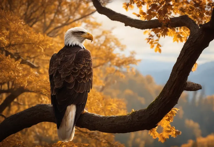 (best quality,4k,8k,highres,masterpiece:1.2), ultra-detailed, realistic:1.37, vibrant colors, lighting: natural sunlight, HDR, fine art-style: realism, wildlife, detailed feathers, majestic eagle, tall, sturdy oak tree, lush surrounding environment