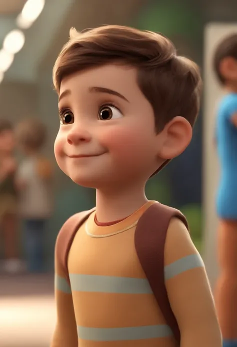 a happy cute kid standing short hair, vestindo uma fantasia espacial, , fundo branco, barnet, Tom, Estilo Pixar, ....3d, desenhos animados, rosto detalhado, asymmetrical 16k