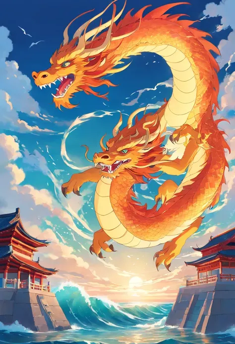 chinesedragon,the ocean， Art Nouveau style illustration, Detailed sky, chinapunk, Explanatory narrative, solarizing master, quito school, Visual poetry