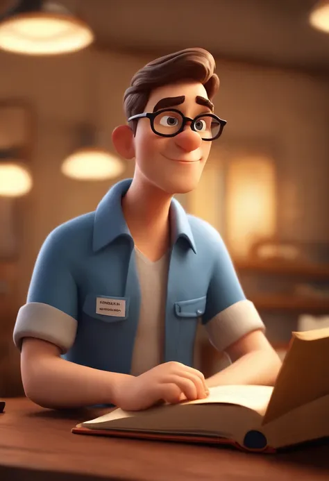 Cartoon character of a young shepherd with extremely short brown hair military cut style with blue frame glasses and a blue shirt, barba grande um pouco grisalha, wide lips, With bible in hand animation character, Caractere estilizado, animation style rend...