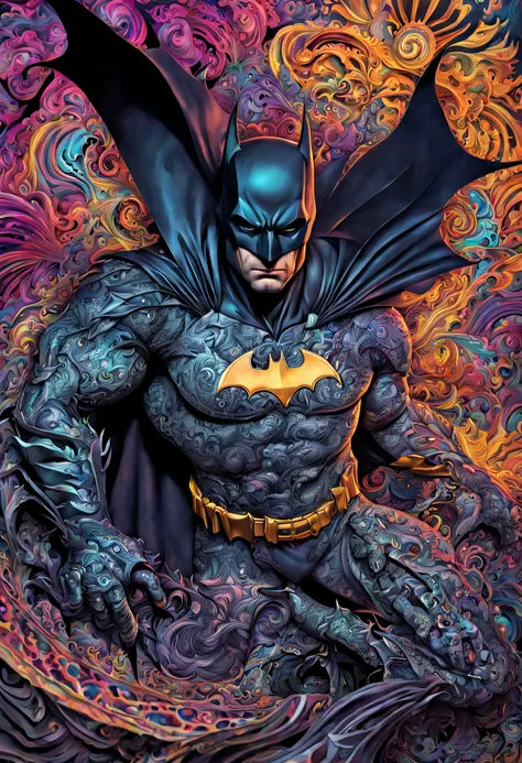 psychedelic art in drdjns style of the batman, intricate patterns, complex and detailed, masterpiece, 8k, hdr