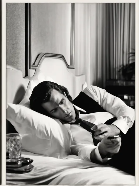 lying women in bed, Next to the lamp, all-fours,『Pulp Fiction 1994』, dramatic smoking pose, Smoking a paper cigar, Holding a paper cigar, Wearing a black suit jacket, White button shirt, Black pants, Black tie, Smoke and fog, Cinematic, Looking at the came...