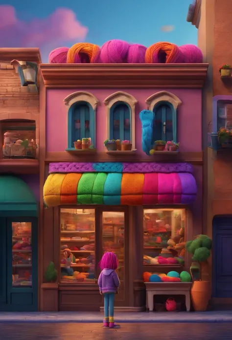 3D Pixar style drawing of a sock shop in the city center with a 10-year-old girl character with hair made of colorful knitting braids in the foreground