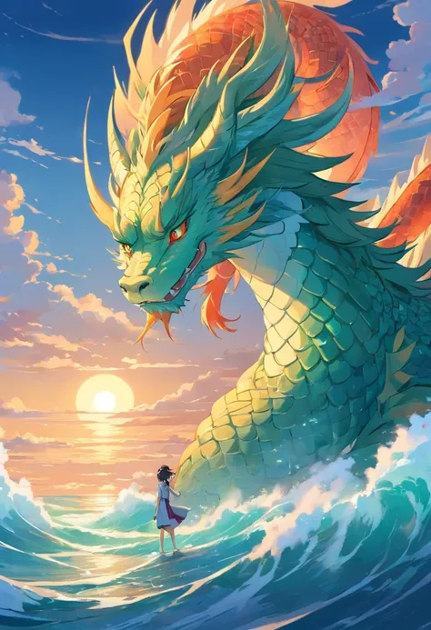 chinesedragon,the ocean，God girl，lighthouse， Art Nouveau style illustration, Detailed sky, chinapunk, Explanatory narrative, solarizing master, quito school, Visual poetry