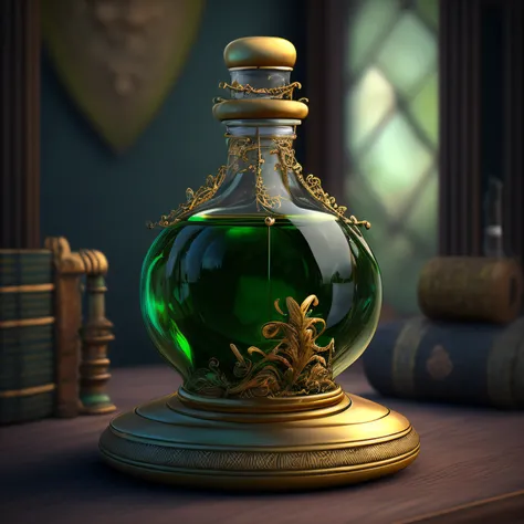 there is a green glass bottle