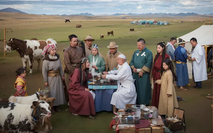 Painting of a group of people standing at a table, ancient mongolian elon musk, Mongolia, sci - fi mongolian village, In the steppe, alexander abdulov, kent monkman, sergey krasovskiy, historically accurate, mongol, yulia nevskaya, maxim sukharev, alexey e...