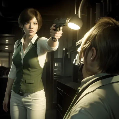 Best quality, ((Rebecca chamber from resident evil)), short  hair, white jeans, beautiful face, green vest