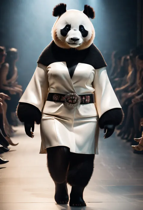 On the runway of a fashion show, Big female Panda at fashion show, Model Walk, ramp walk, Photorealistic light and shadow, Luxurious space, Make eye contact with your audience, Cowboy Shot, ray tracing, reflection light, glowing light, best quality, highre...