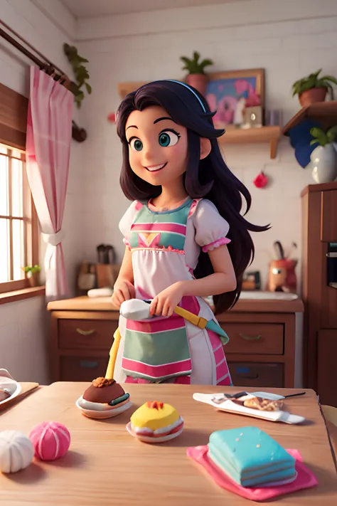 Criar uma personagem disney, mulher de 20 anos, cabelo castanho claro na altura da cintura, sorrindo, a roupa deve ser de confeitaria, segurando uma caixa de brigadeiros, com uma mesa cheia de doces, numa cozinha de casa.