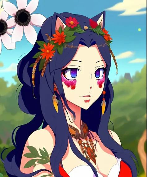 Anime Shaman woman metis with long brown curly hair and black eyes ethnic make up with feathers and flowers in her hair who burnings white sage with her tricolor cat Isabelle and her white and gray cat