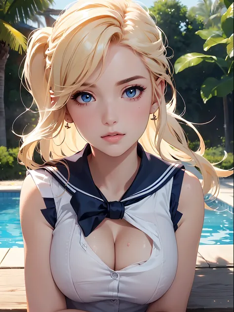 (((close up of upper body))),  (large breasts), (cleavage),  ((Smooth texture, Realistic texture, Photorealistic)),  (Detailed beautiful eyes, Beautiful eyelashes, emerald eyes), blonde medium hair, extremely detailed CG unified 8k wallpaper, very fine 8KC...