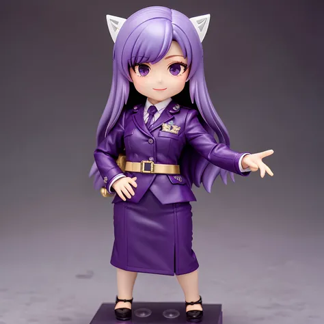 nendoroid、Purple hair、Long hair、simple background、One hand is on the hip、Pointing into the distance with one hand、Commander、Suits、skirt by the、Hanging eyes、Raised eyebrows、villainess、ssmile、full body Esbian、2 head body