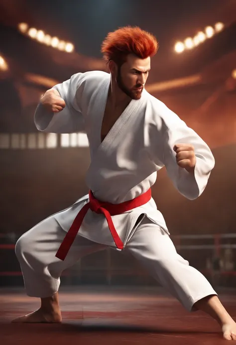 (best quality,4k,highres),detailed,photorealistic,man,karate training,cartoon character,spiky hair,red beard,martial arts,dojo background,passionate expression,strong punches and kicks,focused eyes,flexible body movements,energetic stance,training outfit,(...