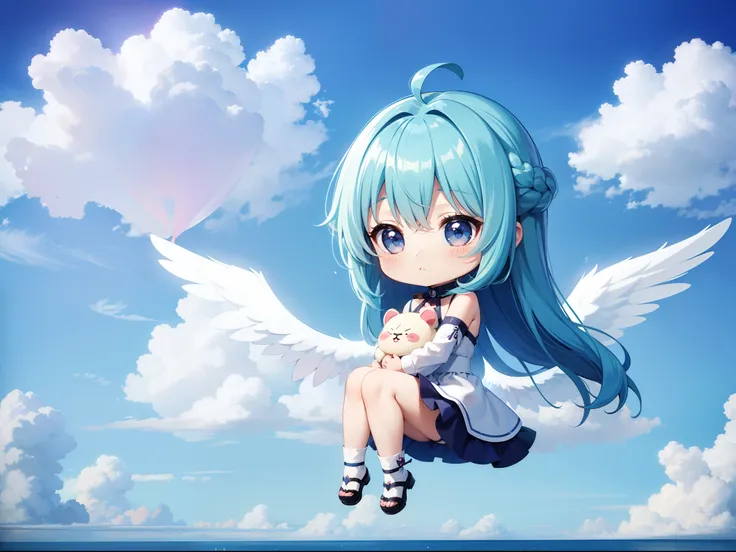 Two cute chibi characters　With the Wings of an Angel、Visible flying in the sky。long hair with blue hair((Chibi Chara))、Fluffy、girl with、Chibi Chara、full body Esbian、Pastel colors hair、masutepiece、top-quality、Large in the center