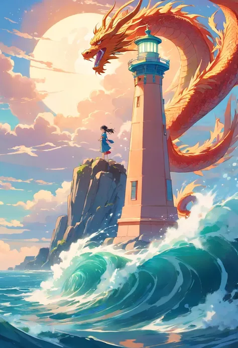 chinesedragon,the ocean，God girl，lighthouse， Art Nouveau style illustration, Detailed sky, chinapunk, Explanatory narrative,Graphic painting, temple, Visual poetry