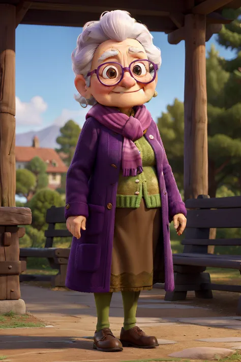 masterpiece, best quality, an old woman with glasses and a scarf on, wearing a purple coat and green scarf, standing at the park