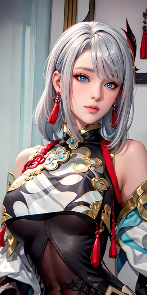 （（（shenhe_Genshin，hitman，Genshin Impact，Long_Hair, Blue_Eyes, bangs, Hair_polypubic hair_One_eye, Breasts, Hair_decorations, Large_Breasts, jewelry, Grey_Hair, White_Hair, nipple tassels, Earrings, Very_Long_Hair, Braid, breast enhancement_curtain）））,((Mas...