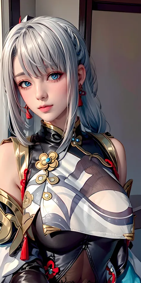 （（（shenhe_Genshin，hitman，Genshin Impact，Long_Hair, Blue_Eyes, bangs, Hair_polypubic hair_One_eye, Breasts, Hair_decorations, Large_Breasts, jewelry, Grey_Hair, White_Hair, nipple tassels, Earrings, Very_Long_Hair, Braid, breast enhancement_curtain）））,((Mas...