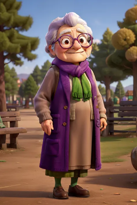 masterpiece, best quality, an old woman with glasses and a scarf on, wearing a purple coat and green scarf, standing at the park