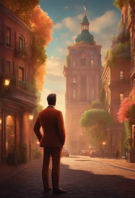 A city councilman looking at a dream project inspired by Pixar animation, de perto. The character takes center stage with captivating facial expressions, oferecendo um toque de irrealidade