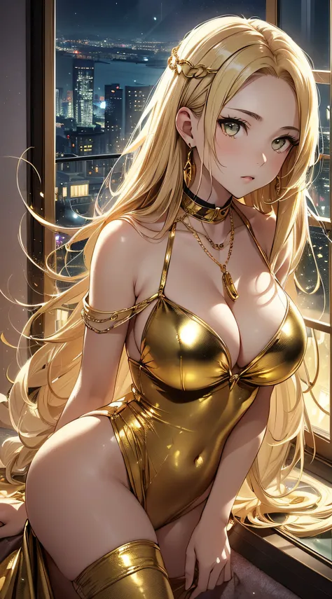 top-quality、Top image quality、​masterpiece、girl with((20yr old、Best Bust、big bast、Bust 85,beautiful golden eyes、Breasts wide open,Blonde long hair、A slender、Large valleys、Gold Bikini、Gold Dress,Reflecting the whole body、Leaning forward)）hiquality、Beautiful...