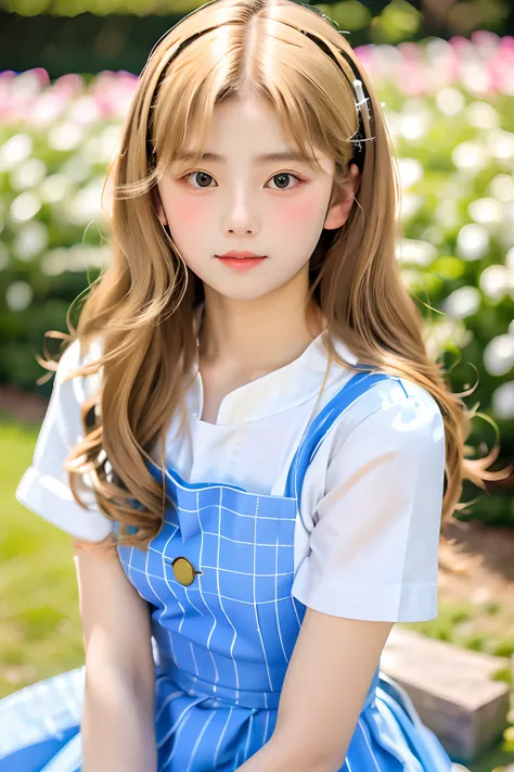 best quality, ultra highres, photoreaslistic, a photography of a cute girl, detailed face, (PureErosFace_V1:0.008), Alice in Wonderland, 13yo, blonde wavy hair, white apron, blue dress, playing card pattern background, no make-up