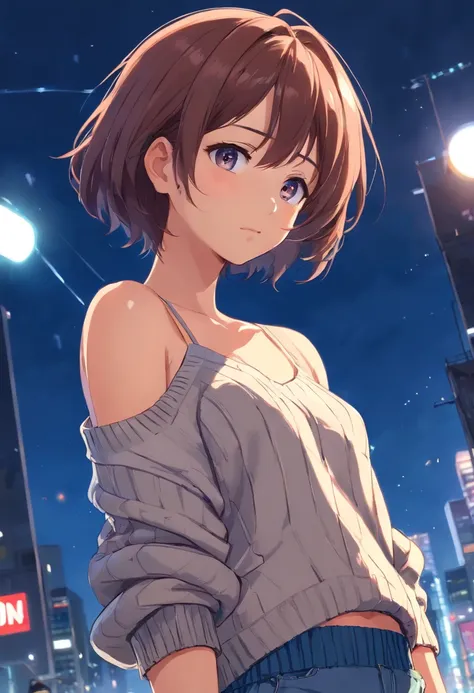 (), big boobs,(masterpiece), best quality, extremely detailed, (watercolor), bloom, delicate and beautiful, illustration, (from below),(1girl:1.4), (solo:1.2), large breasts, (ribbed sweater:1.3), off-shoulder sweater, (short shorts:1.2), bare shoulders, (...