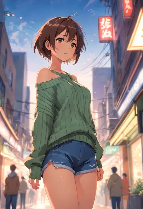 (), big boobs,(masterpiece), best quality, extremely detailed, (watercolor), bloom, delicate and beautiful, illustration, (from below),(1girl:1.4), (solo:1.2), large breasts, (ribbed sweater:1.3), off-shoulder sweater, (short shorts:1.2), bare shoulders, (...