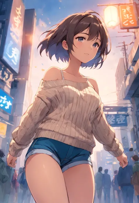 (), big boobs,(masterpiece), best quality, extremely detailed, (watercolor), bloom, delicate and beautiful, illustration, (from below),(1girl:1.4), (solo:1.2), large breasts, (ribbed sweater:1.3), off-shoulder sweater, (short shorts:1.2), bare shoulders, (...