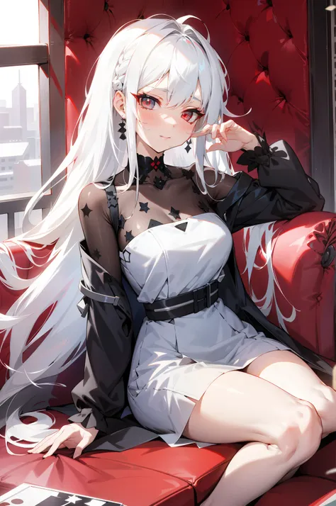 Anime girl sitting on a red sofa in a black and white dress, perfect gray hair girl, Girl with white hair, white  hair, white hair woman, White-haired, white haired god, Seductive Anime Girl, loli in dress, from girls frontline, girls frontline style, silb...