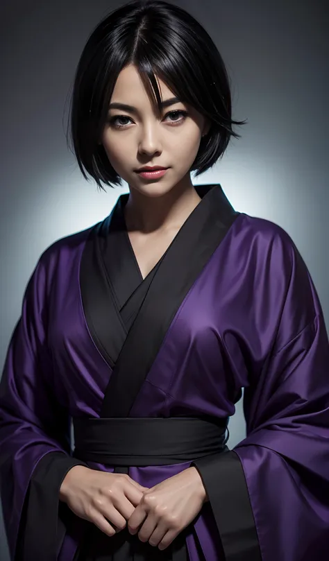 Rukia Kuchiki, 1 girl, short hair, black hair, purple eyes, smile, looking at viewer, black kimono, hair between eyes, wide sleeves, facing viewer, black Hakama, soft lighting, (best quality, 4k, 8k, high, master part: 1.2), ultra-detailed, (realistic, pho...