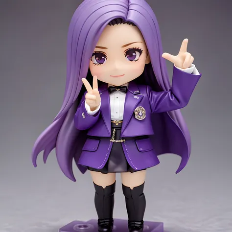 nendoroid、Purple hair、Long hair、simple background、One hand is on the hip、Pointing into the distance with one hand、Commander、Suits、skirt by the、Hanging eyes、Raised eyebrows、villainess、ssmile、full body Esbian、2 head body