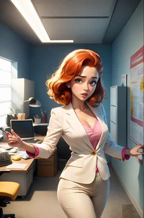 Disney Pixar movie-style poster
Pixar 3d animation art
Name: Marileide Ribeiro
In your white office
Dressed in a pink blazer
Redhead