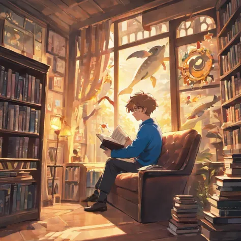 (best quality,4k,8k,highres,masterpiece:1.2),ultra-detailed,(realistic,photorealistic,photo-realistic:1.37),A man reading a book,pixar cartoon style,playful colors,cartoonish lighting,paper texture,magical atmosphere,book with detailed illustrations,curved...