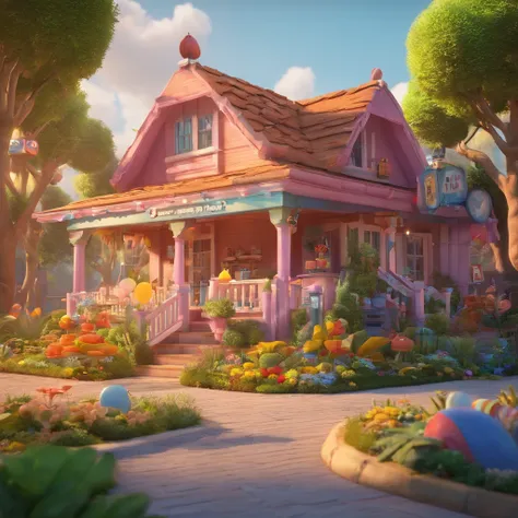 Create Disney Pixar-inspired poster scenery, a 50s party house, com a logo da casa de festa no topo