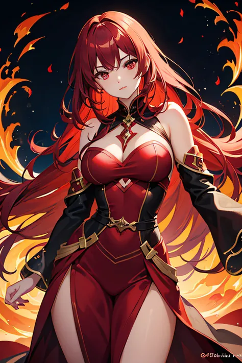 beautiful girl, mage, fire around her, red eyes, long red hair, see-through dress, sexy, alluring