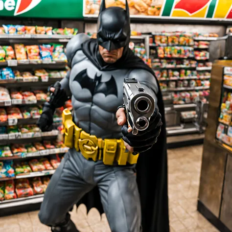 gunatyou, pebatman, batman, robbing a 7eleven counter, masterpiece, high resolution, octance 4k, high detail, pistol