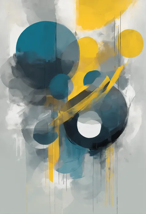 Modern abstract painting, gris, blau, yellow, Rounded asymmetrical abstract shapes, Harmonious colours, Professional Painting, hiquality