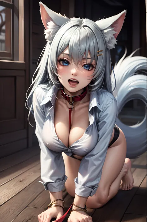 cm 1girl, breasts, leash, solo, animal ears, tail, long hair, hair ornament, blue eyes, shirt, large breasts, collar, heart, looking at viewer, hairclip, barefoot, fox ears, white shirt, naked shirt, all fours, open mouth, cleavage, white hair, long sleeve...