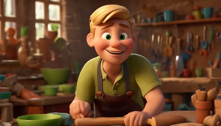 masterpiece, best quality, "create a Disney pixar cartoon style 3d image". Man, 30s, blonde, short hair, green eyes, smiling, fat, dressed in casual clothes and apron, in a craft workshop with carving tools on the walls, carving a colorful African sculptur...