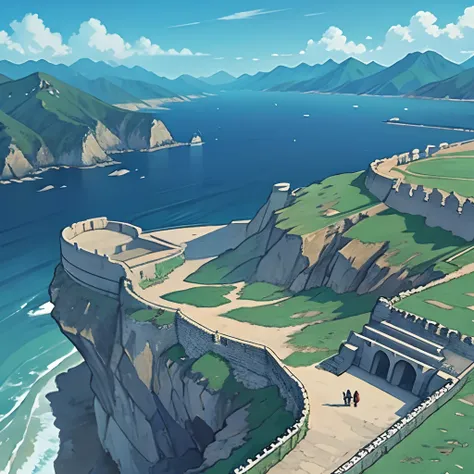 Massive coastal fortress, mountain background,