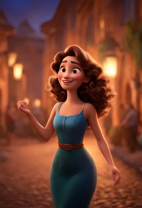 Pixar style image with 3D character brunette woman medium curly hair dancing, Maquiagem Disney,Pescador, bonitinho, sorridente ,Close-up, Pixar, Disney, Cinema lighting,